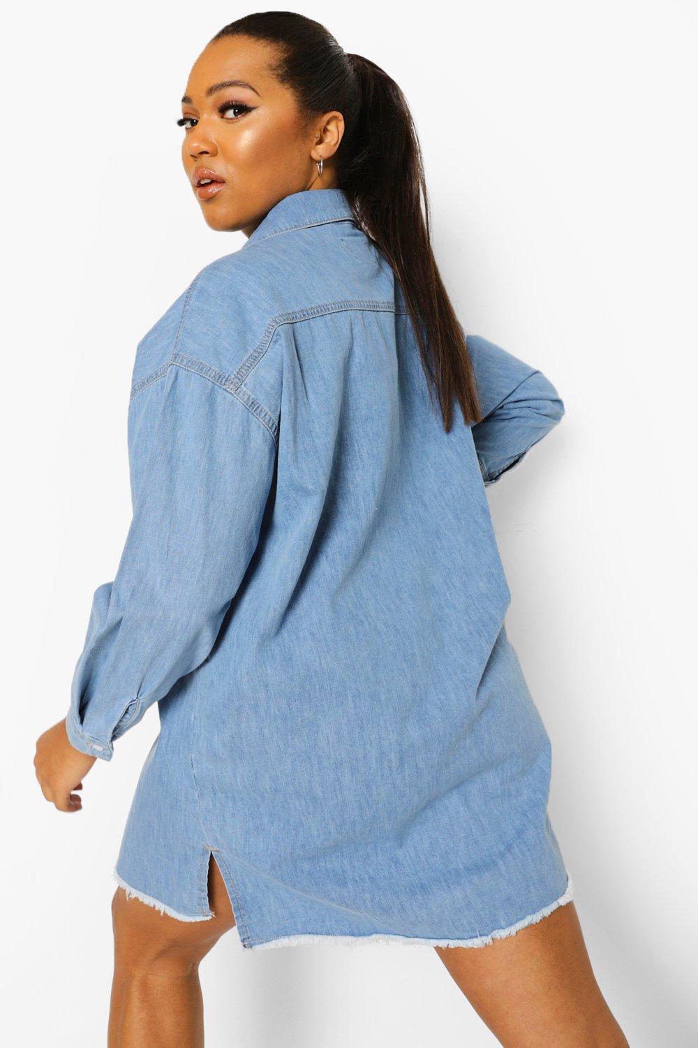 Frayed Hem Denim Pocket Shirt Dress boohoo